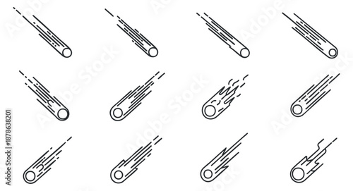 A collection of comet and meteor icons in minimalist line art vector style, suitable for space-themed designs and illustrations