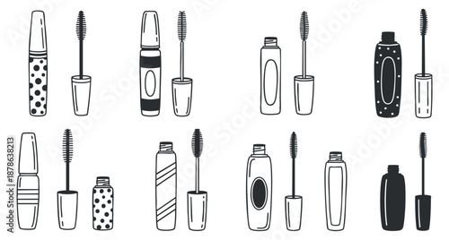 A collection of various mascara tubes and applicators in black and white outline vector style, ideal for beauty branding and packaging