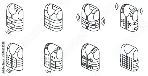 A collection of safety vests in outline vector style, suitable for industrial design and safety equipment branding