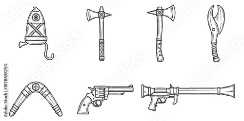 A collection of vintage tools and weapons including a fishing hook, axe, boomerang, pistol, and sword in detailed outline vector style, perfect for artistic projects and illustrations