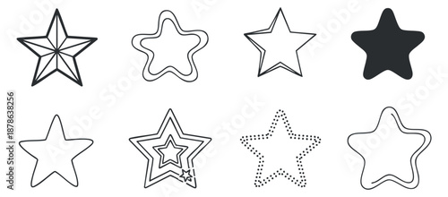 A collection of eight star icons in outline vector style, suitable for graphic design and creative projects