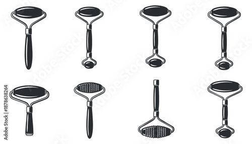 A set of cooking strainers and sieves in black and white flat vector style, ideal for culinary designs and kitchenware branding