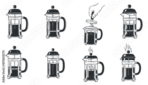 A collection of French press coffee brewing illustrations in black and white minimalist vector style, perfect for coffee-related designs