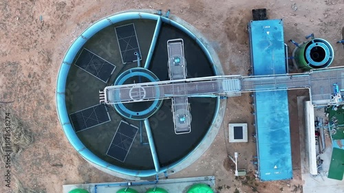 aerial view of clarifiers at a wastewater treatment facility, top down, process to clean and make drinkable water