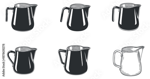 A collection of six stylish pitchers in black and white outline vector style, perfect for kitchen and restaurant designs