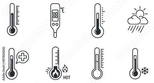 A collection of thermometer icons depicting various temperature measurements in flat outline vector style, suitable for educational and scientific contexts