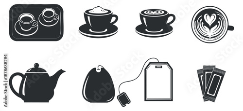 A collection of coffee and tea icons including cups, a teapot, and sugar packets in black and white minimalist vector style, suitable for café branding and menu design