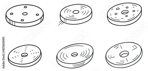 A set of six outline style weight plates in minimalist vector design, suitable for fitness and gym-related projects