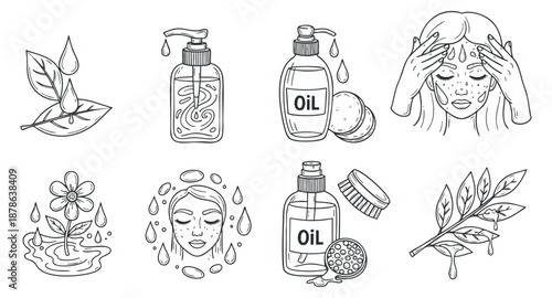 A collection of skincare and beauty elements featuring oil bottles, water droplets, and natural leaves in minimalist black and white vector style, ideal for wellness and cosmetic branding