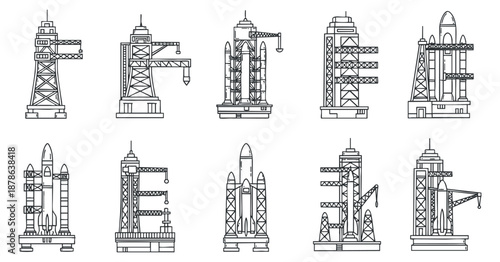 A collection of rocket launchpads and construction towers in clean outline vector style, suitable for technology and engineering projects