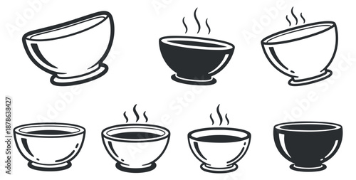 A collection of steaming bowls in minimalist black and white outline vector style, suitable for food-related designs and branding