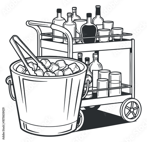 A drink cart with an ice bucket and various bottles and glasses in black outline minimalist vector style, ideal for bar and catering designs