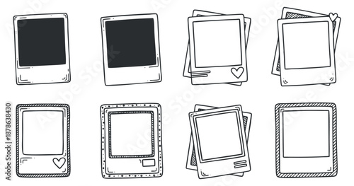 A collection of hand-drawn polaroid photo frames in black and white outline style, perfect for scrapbooking and creative projects