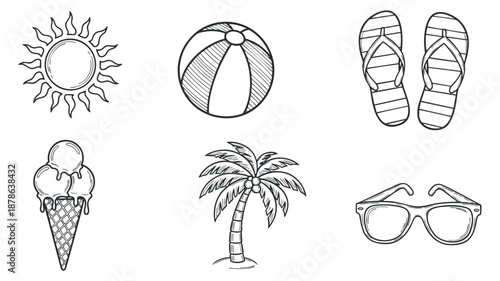 A set of summer-themed icons including a sun, ice cream cone, beach ball, flip flops, palm tree, and sunglasses in a clean outline vector style, perfect for vacation-themed projects