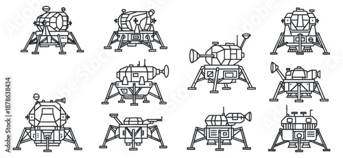A collection of various lunar lander icons in outline style, ideal for space exploration and technology projects