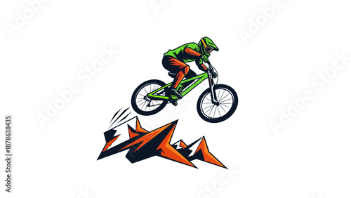 Dynamic illustration of a mountain biker performing a jump over stylized orange peaks, showcasing extreme sports and adventure.