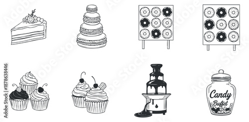 A collection of dessert illustrations including cakes, cupcakes, donuts, and a candy jar in black and white minimalist vector style, ideal for bakery menus and sweet shop branding