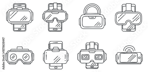 A collection of eight different virtual reality headsets in clean outline vector style, suitable for technology and gaming projects