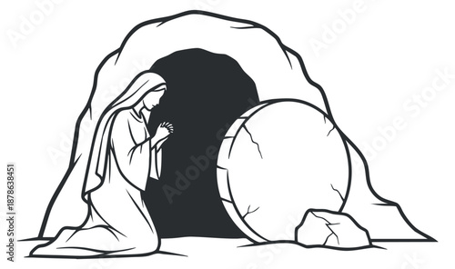 A woman praying at an open tomb with a large stone in outline vector style, suitable for religious and spiritual projects