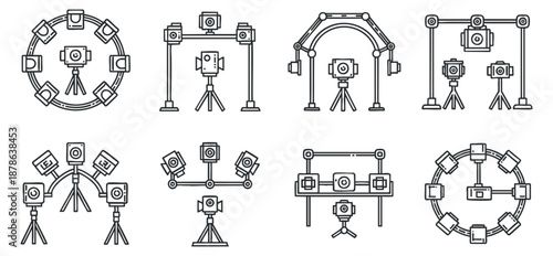 A collection of various camera and tripod setups in black and white outline vector style, suitable for photography-related projects
