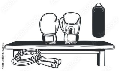 A set of boxing gloves and a jump rope on a training bench in a minimalist black and white vector style, ideal for fitness and gym related projects