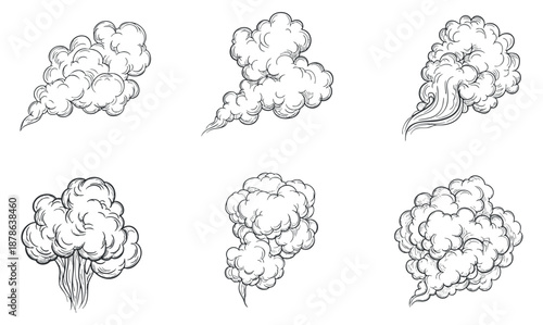 A collection of six different smoke and cloud illustrations in black and white outline vector style, suitable for graphic design projects
