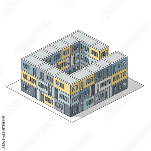 Isometric view of a modern residential building complex with a central courtyard.