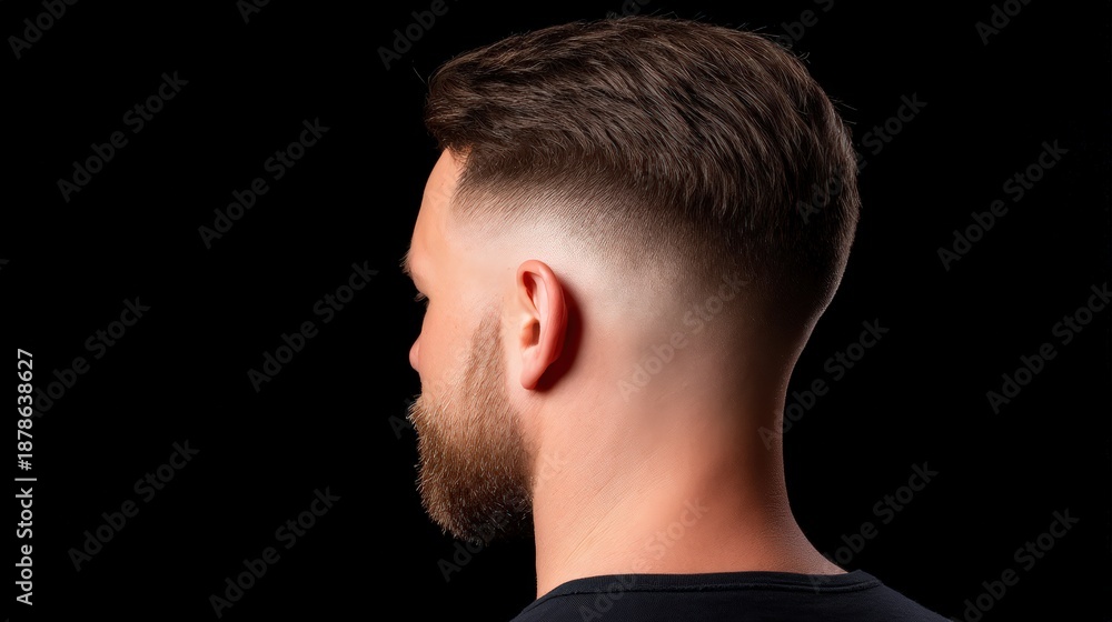 Obraz premium A stylish haircut featuring a clean fade and well-groomed beard, showcased against a black background.