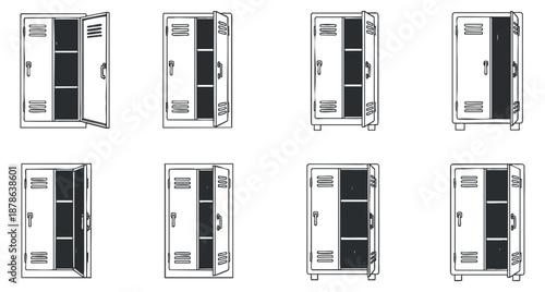 A collection of nine locker icons in black and white minimalist vector style, suitable for educational and organizational design projects
