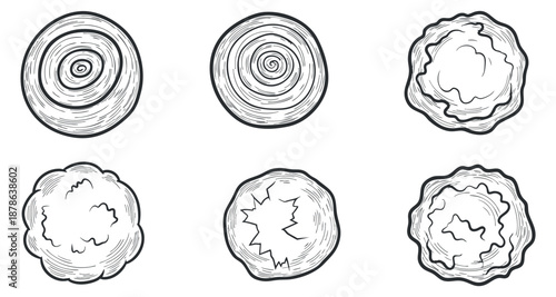 A set of hand-drawn pastry top designs in black and white outline vector style, ideal for bakery branding and packaging