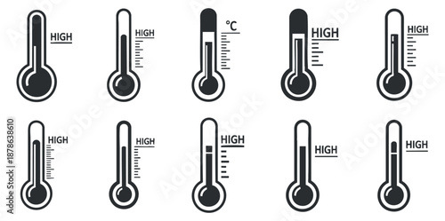 A collection of high temperature thermometer icons in black and white vector style, suitable for climate and weather graphics