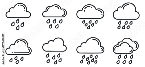 A set of nine rain cloud icons in outline vector style, suitable for weather-related designs and applications