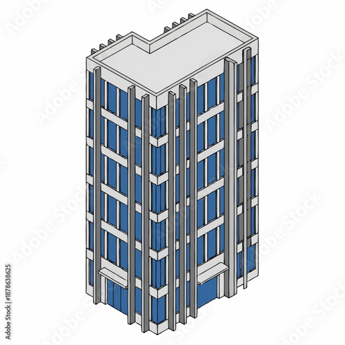 Modern Isometric Office Building with Blue Windows and Grey Facade.