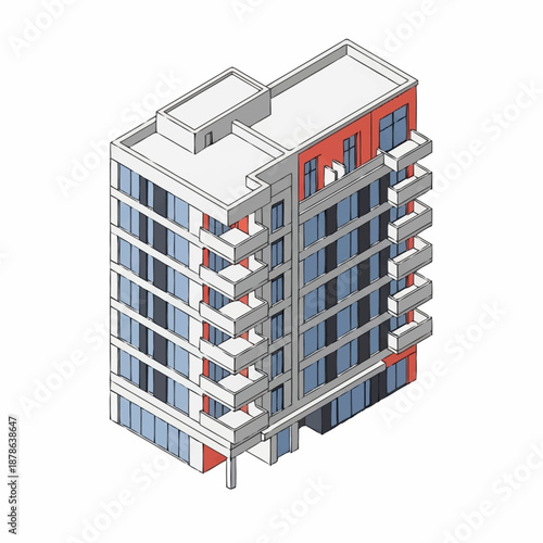 Modern multi story apartment building with balconies and large windows.