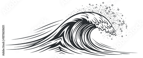 A stylized wave illustration in black and white line art style, ideal for surf and ocean-themed designs
