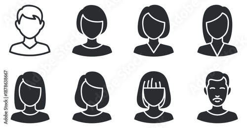 A collection of diverse user profile silhouettes featuring various hairstyles and facial expressions in minimalist black and white vector style, suitable for web and app design