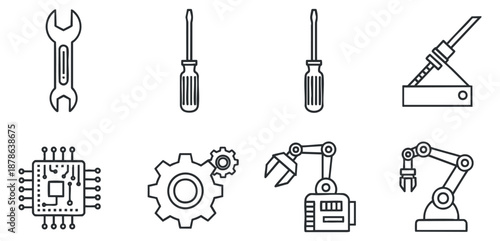 A collection of various engineering tools and icons including a wrench, screwdrivers, gears, and a robotic arm in clean outline vector style, perfect for technical illustrations and design projects