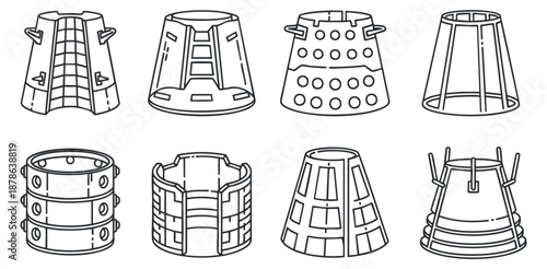 A collection of various garden planters and pots in minimalist black and white outline vector style, suitable for gardening projects and landscaping design