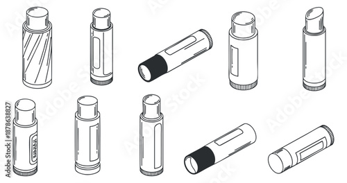 A collection of various cosmetic and skincare product containers in minimalist outline vector style, suitable for branding and packaging designs