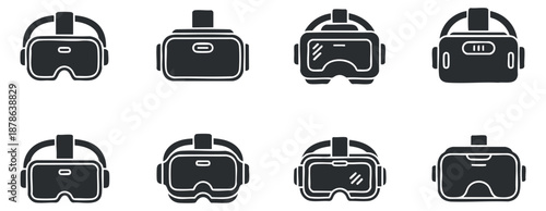 A set of eight virtual reality headset icons in black and white outline vector style, perfect for technology and gaming projects