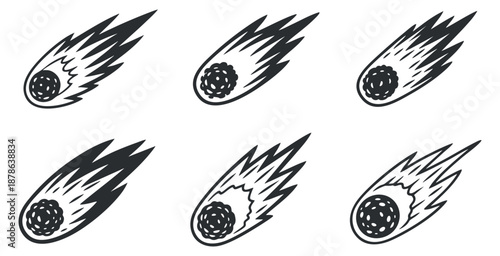 A collection of six comet illustrations with dynamic tails in black and white vector style, suitable for space-themed designs and graphics