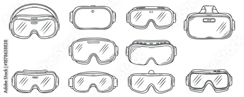 A collection of various virtual reality headsets in minimalist line art vector style, suitable for tech-related projects and designs