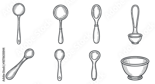 A set of various kitchen spoons and a bowl in black and white outline vector style, ideal for cooking and culinary designs