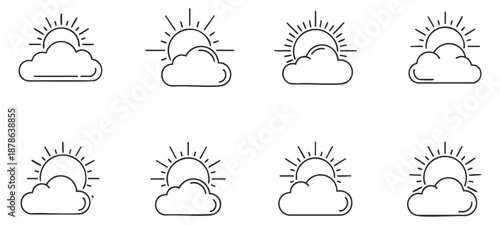 A set of eight sun and cloud icons in outline vector style, perfect for weather apps and design projects
