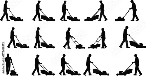 Silhouettes of man pushing lawn mower in fifteen walking positions, mowing motion sequence, outdoor gardening, landscaping, yard care, maintenance illustration