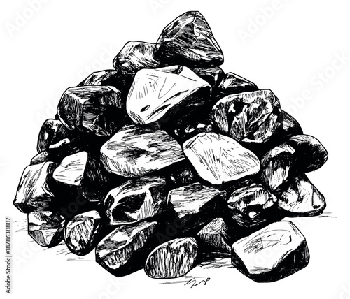 Hand drawn line art illustration of a pile of coal depicting raw energy resources for industrial and fuel concepts