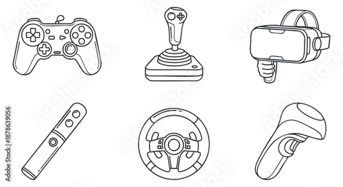 A collection of gaming devices including a controller, joystick, VR headset, and steering wheel in minimalist line art vector style, ideal for gaming-related projects