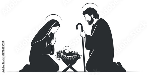 A silhouette illustration of Mary and Joseph kneeling in adoration beside baby Jesus in a manger, in black and white minimalist vector style, ideal for Christmas decorations and religious themes