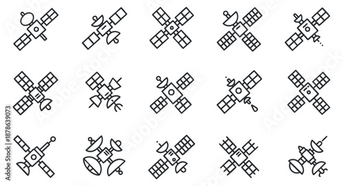 A collection of satellite icons in geometric outline vector style, suitable for technology and space exploration projects