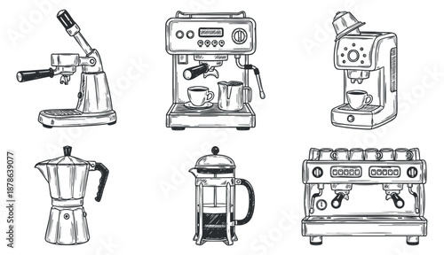 A collection of various coffee machines and brewing equipment in black and white sketch style, suitable for cafe and restaurant branding